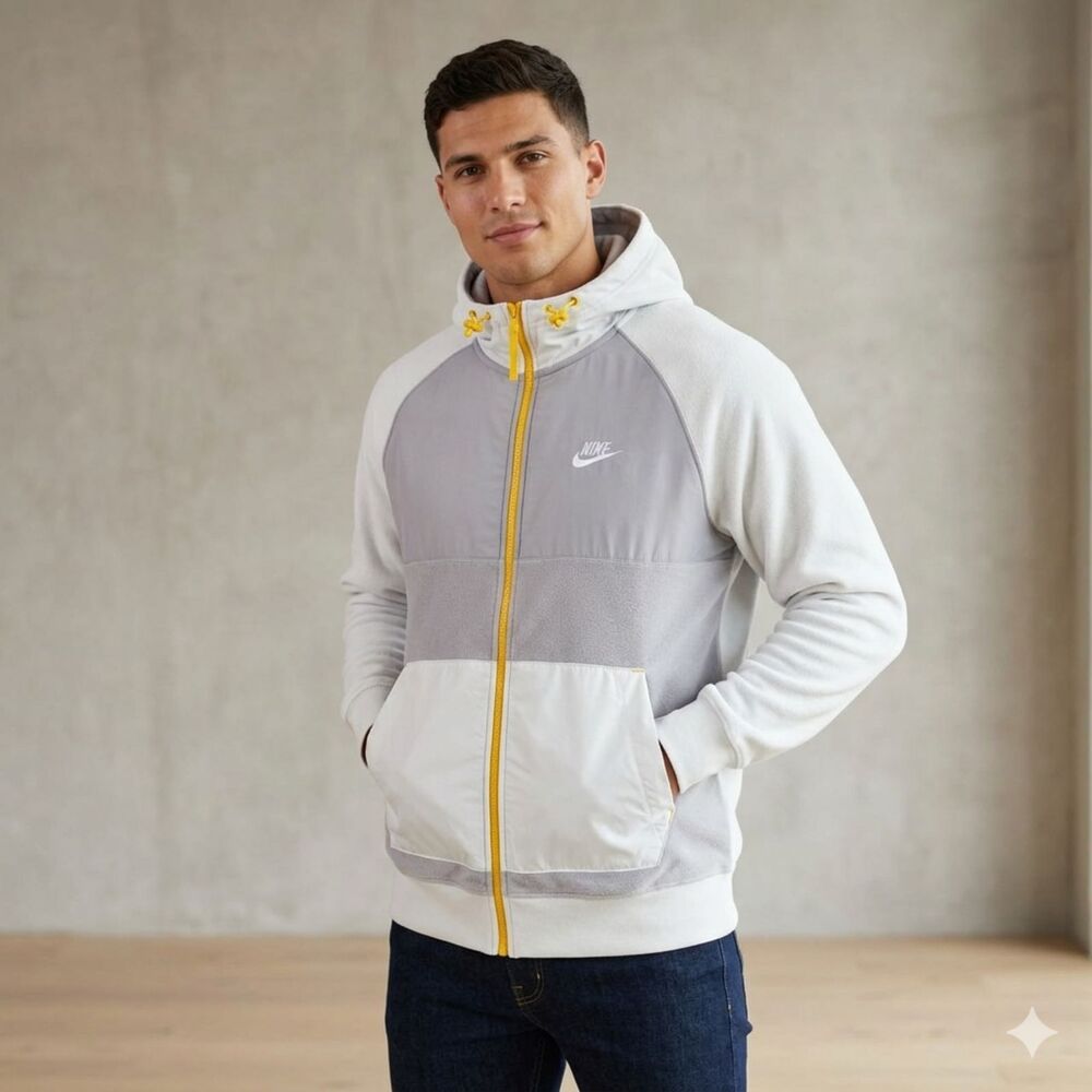 Nike Men's L Full Zip Hooded Fleece Jacket Colorblock Gray White Yellow Swoosh
